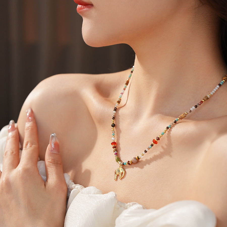 Elephant charm colorful glass bead necklace – vintage ethnic collarbone chain light luxury women’s jewelry