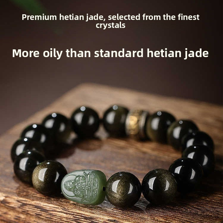 Serene Aegis – Obsidian & Hetian Jade Birth Buddha