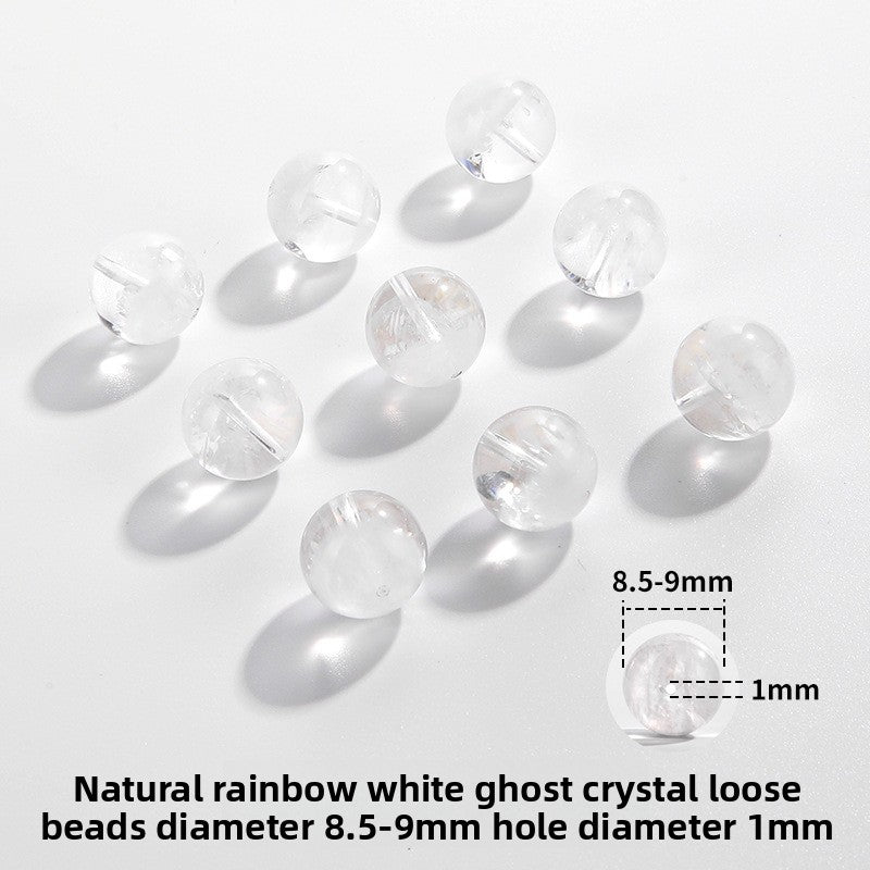 Clear quartz crystal rounds with white phantom inclusions and faint rainbow flash — Frostbow Atrium (7–14 mm).