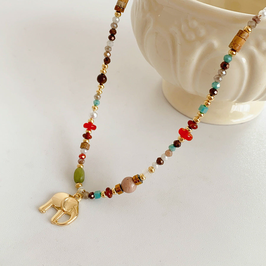 Elephant charm colorful glass bead necklace – vintage ethnic collarbone chain light luxury women’s jewelry