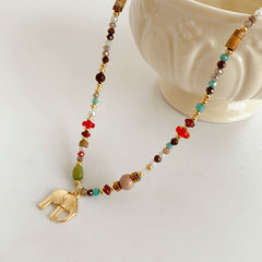 Elephant charm colorful glass bead necklace – vintage ethnic collarbone chain light luxury women’s jewelry
