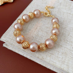 Regal Filigree Pearl Collection – champagne pearl necklace, bracelet, and earrings set by Glazenya