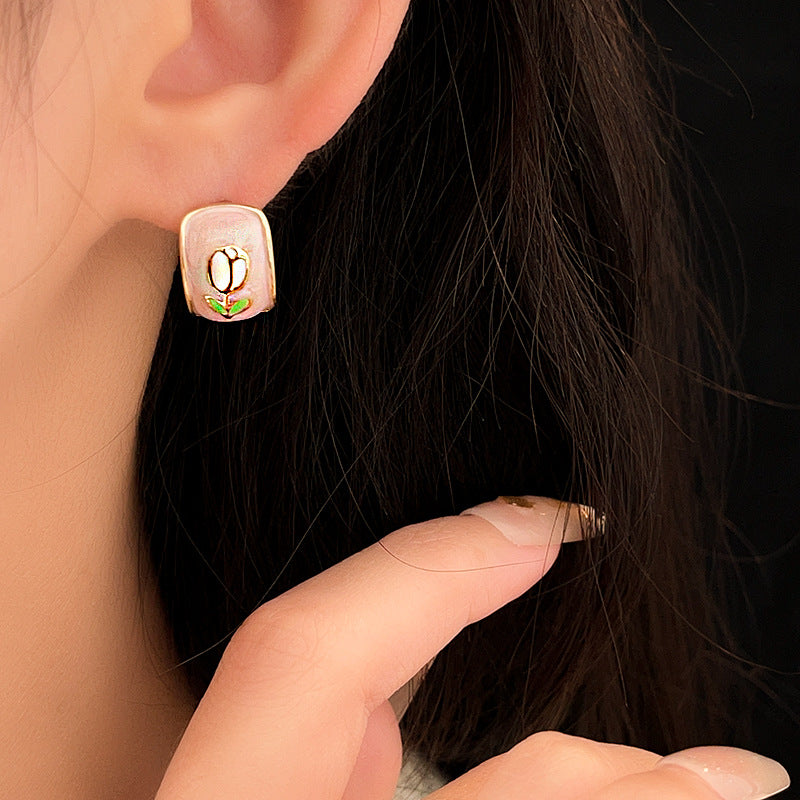 Blush-pink enamel rectangular studs with tulip motif and gold rim — Blush Tulip Cameo Studs.