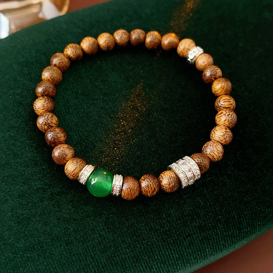 Natural agarwood beaded bracelet with green agate centerpiece and pavé spacers — Verdant Agarwood Bracelet by Glazenya.