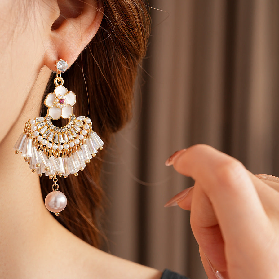 Floral fan chandelier earrings with layered crystal fringe and pearl drops — Blossom Fan Pearl Fringe Earrings.
