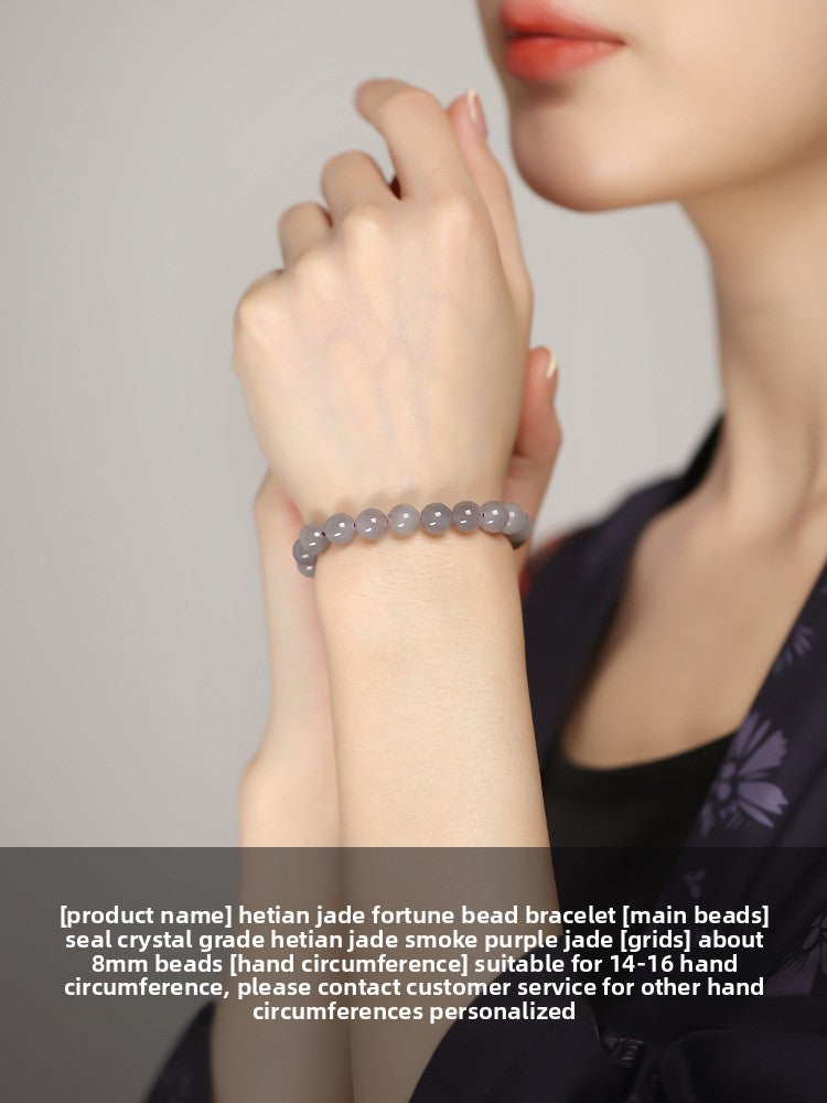 Three Hetian (nephrite) jade bracelets in gradient tones of Yan Purple, Qiemu Yellow, and Lotus Pink — Trinity Harmony Hetian Jade Bead Bracelets.