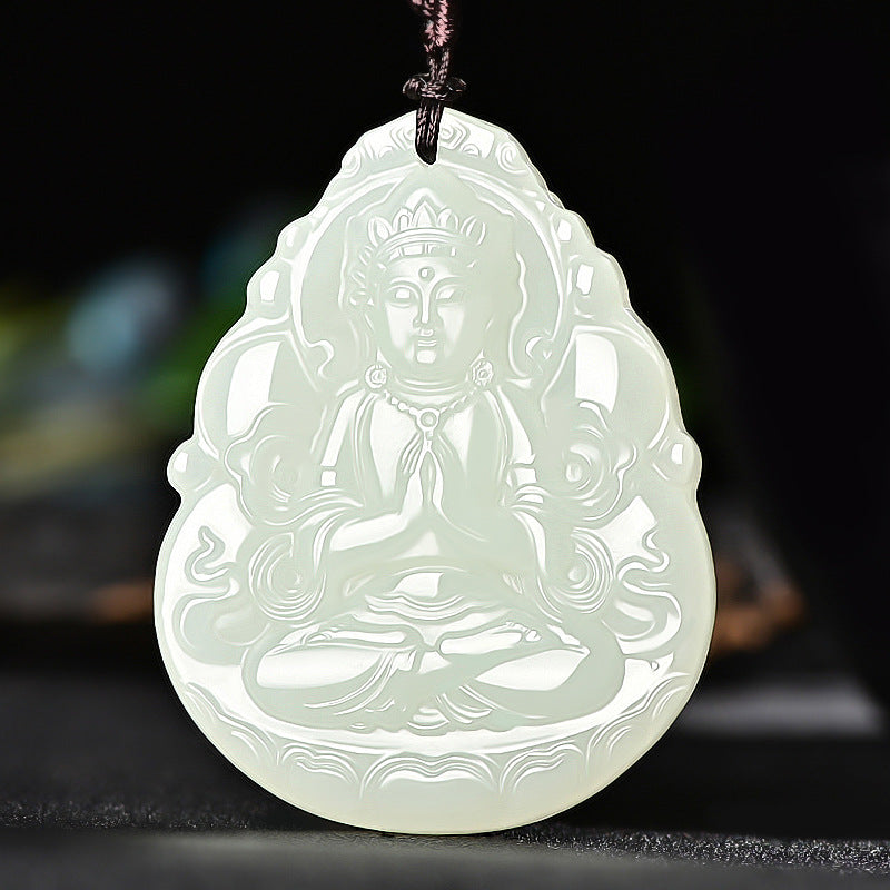 Hetian (nephrite) white jade Guanyin pendant close-up – Lotus Mercy, 57×44×7 mm