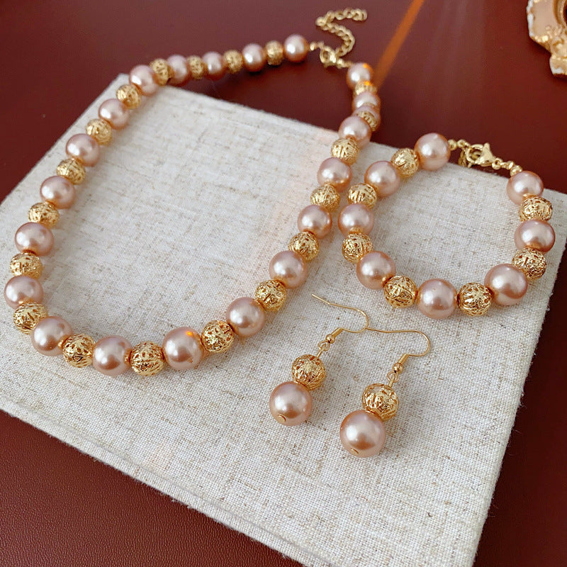 Regal Filigree Pearl Collection – champagne pearl necklace, bracelet, and earrings set by Glazenya