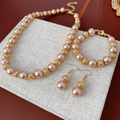 Regal Filigree Pearl Collection – champagne pearl necklace, bracelet, and earrings set by Glazenya