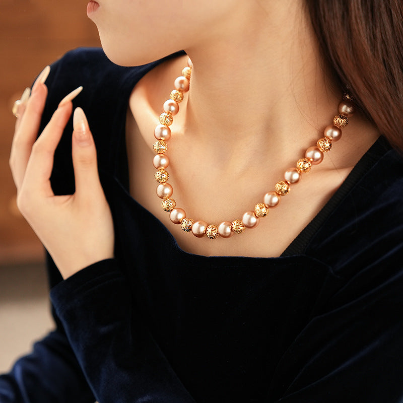 Regal Filigree Pearl Collection – champagne pearl necklace, bracelet, and earrings set by Glazenya