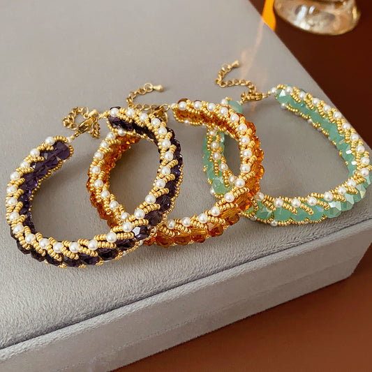 Braided glass-pearl and crystal bracelet with gold extender chain in Coffee Amber/Violet/Jade Green — Braided Pearl Crystal Bracelet.