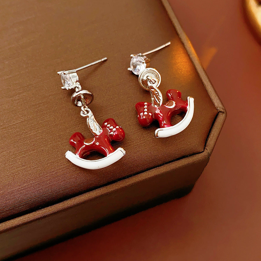 Enamel rocking-horse drop earrings with crystal stud — crimson pony and white rocker — Crimson Carousel Pony Drop Earrings.