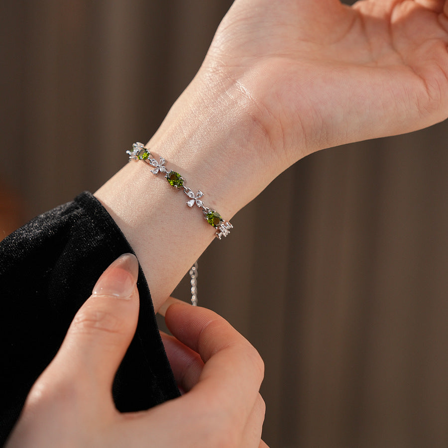 Iridescent Charm Bracelet in vivid multicolor zircon stones on silver-tone copper chain, elegant and lightweight luxury jewelry.