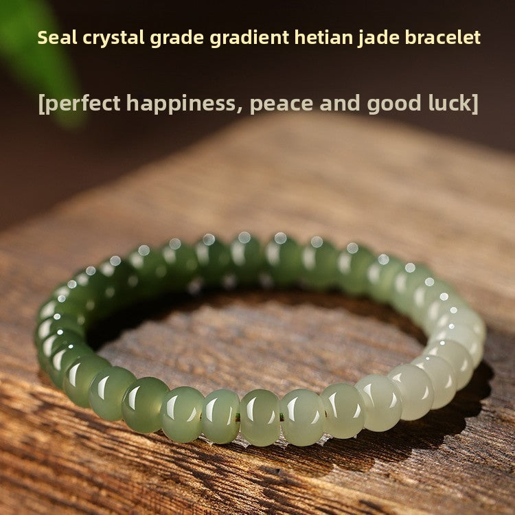 Gradient Hetian (nephrite) jade bracelet hand-strung with 8 mm polished round beads — Serene Gradient Hetian Jade Bead Bracelet.