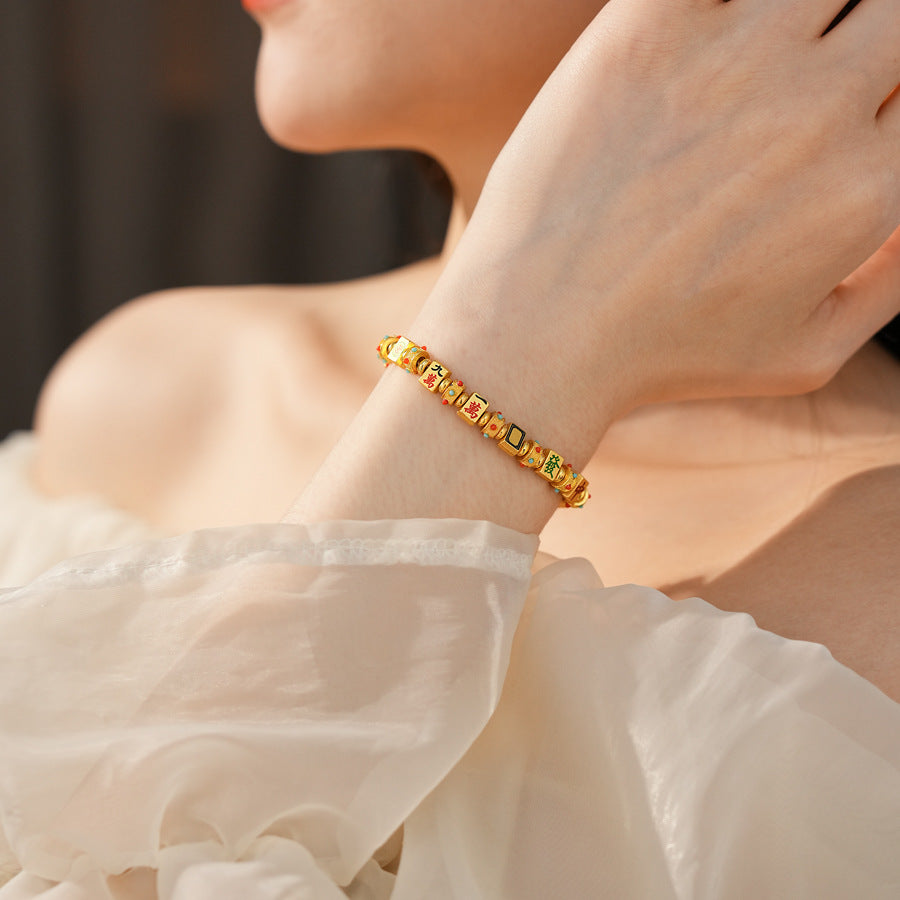 Fortune Mahjong Enamel Bracelet with golden finish and colorful enamel – Oriental vintage chic jewelry

