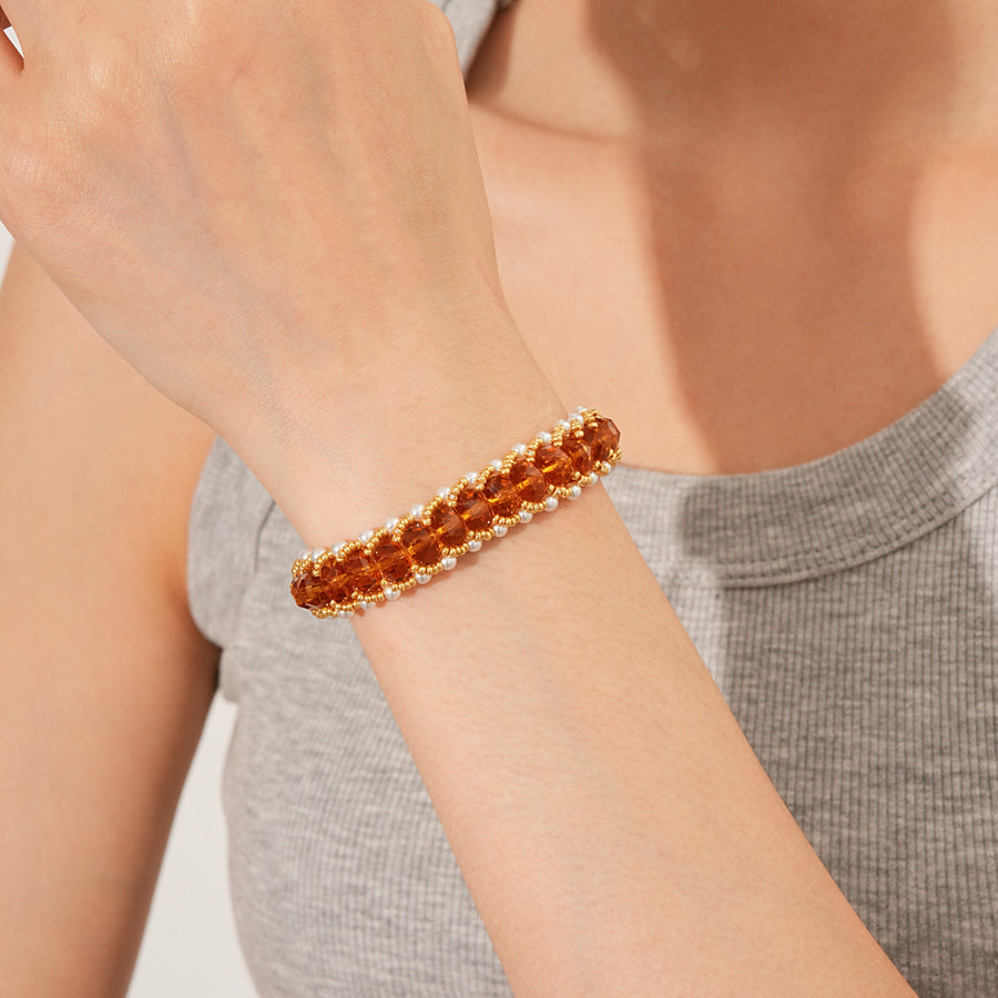 Braided glass-pearl and crystal bracelet with gold extender chain in Coffee Amber/Violet/Jade Green — Braided Pearl Crystal Bracelet.