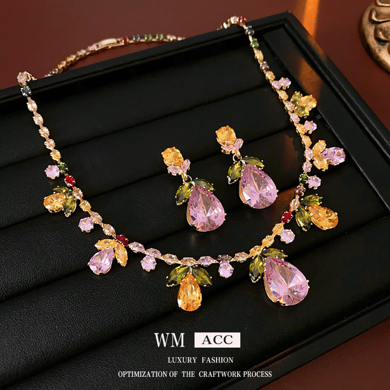 Glazenya Celestial Leaf Zircon Drop Jewelry Set — colorful water-drop zircon stones with leaf motifs; light-luxury necklace set with matching earrings and bracelet/ring variants