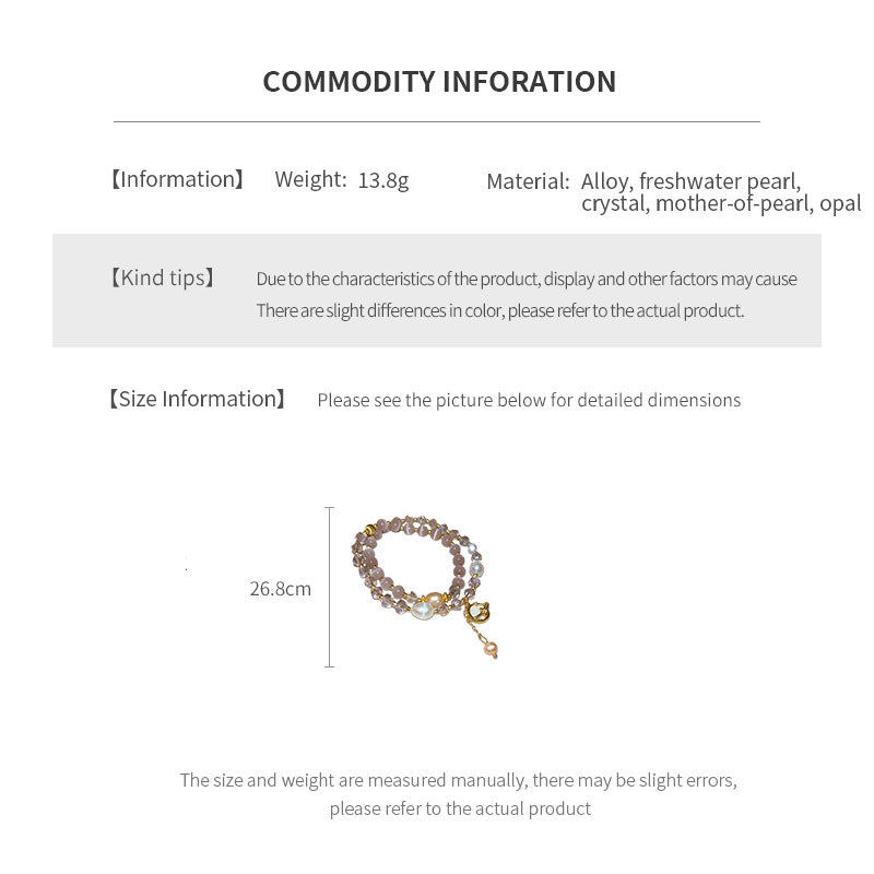 Celestial Cat’s Eye Bracelet double strand with cat’s-eye stones, freshwater pearls, crystal beads and gold planet charm