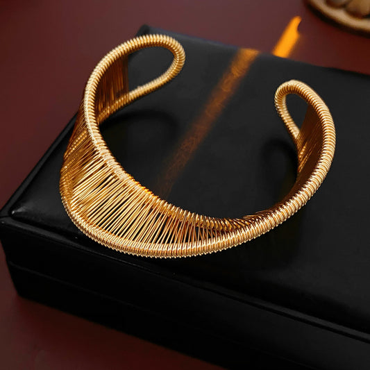 Sculptural gold and silver copper wire open cuff bracelets — Aurora Thread Cuff Bracelet by Glazenya.