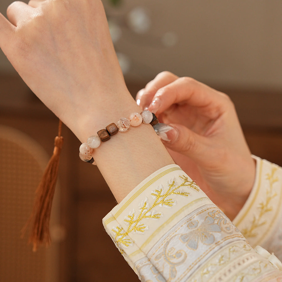Natural rutilated quartz and sandalwood beaded bracelet — Amberwood Harmony Bracelet by Glazenya.
