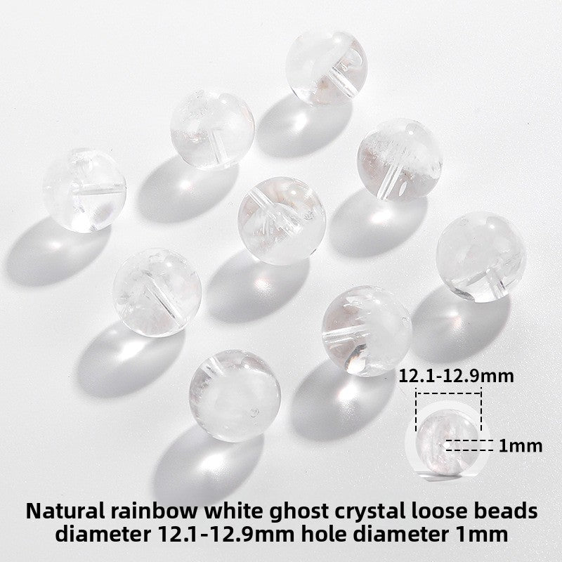 Clear quartz crystal rounds with white phantom inclusions and faint rainbow flash — Frostbow Atrium (7–14 mm).