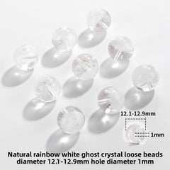 Clear quartz crystal rounds with white phantom inclusions and faint rainbow flash — Frostbow Atrium (7–14 mm).