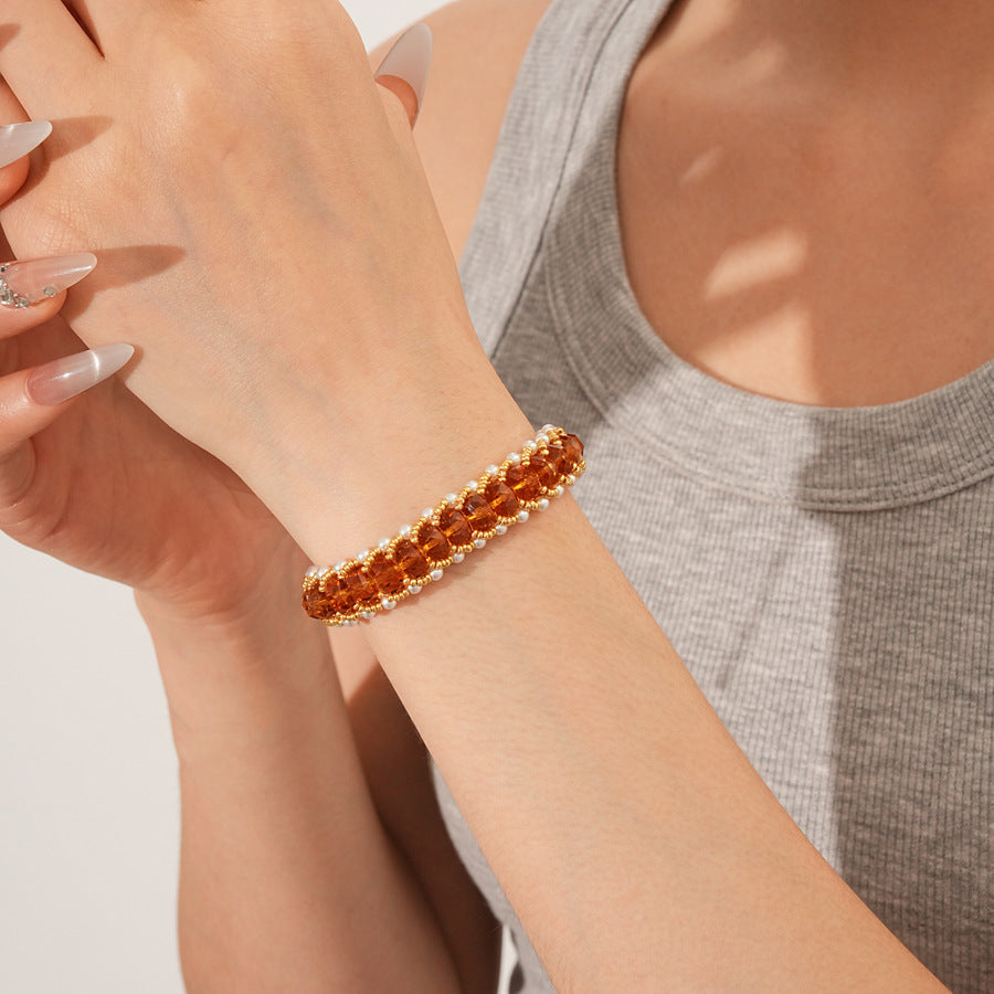 Braided glass-pearl and crystal bracelet with gold extender chain in Coffee Amber/Violet/Jade Green — Braided Pearl Crystal Bracelet.