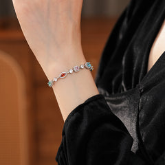Iridescent Charm Bracelet in vivid multicolor zircon stones on silver-tone copper chain, elegant and lightweight luxury jewelry.