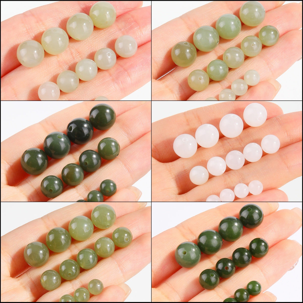 Hetian jade round beads, snowy white/pale celadon, polished, assorted 4–10 mm — Snowfield Whisper.