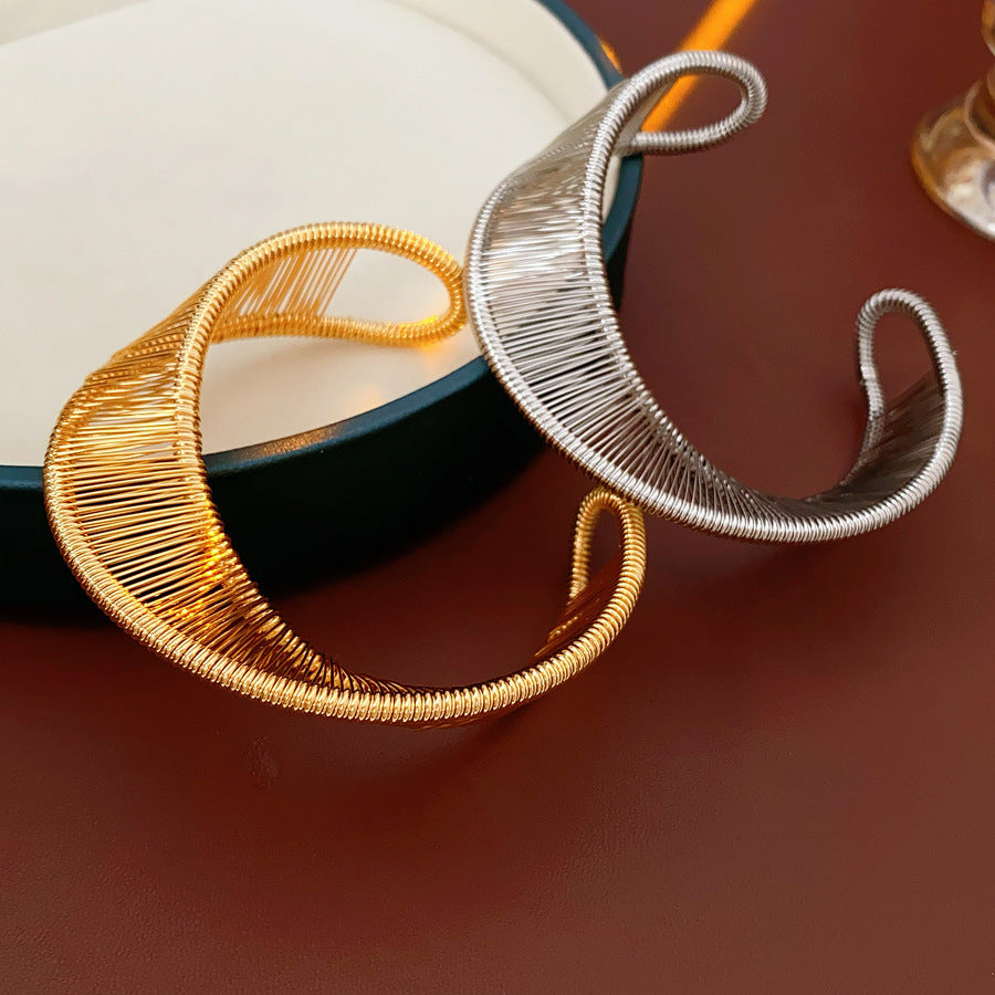 Sculptural gold and silver copper wire open cuff bracelets — Aurora Thread Cuff Bracelet by Glazenya.