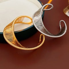 Sculptural gold and silver copper wire open cuff bracelets — Aurora Thread Cuff Bracelet by Glazenya.