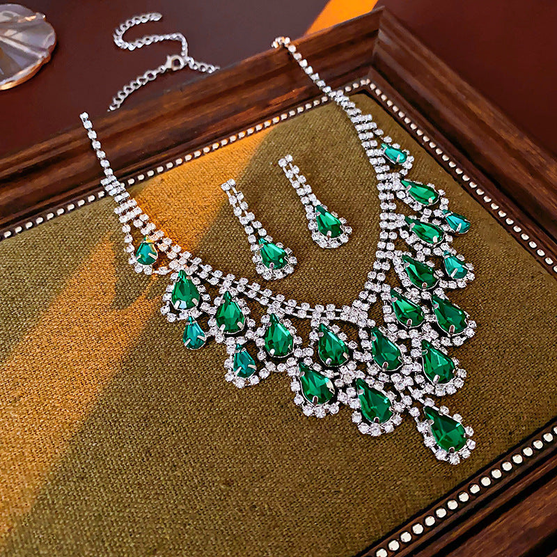 Glazenya Celestial Leaf Zircon Drop Jewelry Set — colorful water-drop zircon stones with leaf motifs; light-luxury necklace set with matching earrings and bracelet/ring variants