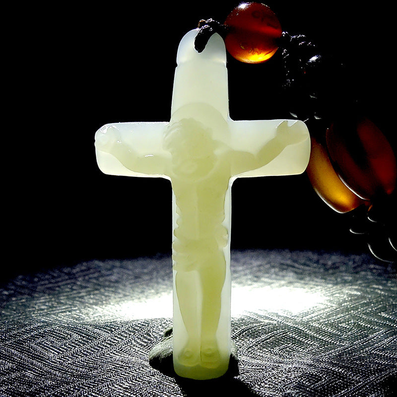 Hetian (nephrite) white jade crucifix pendant close-up – Sacred Light, 48×29×9 mm