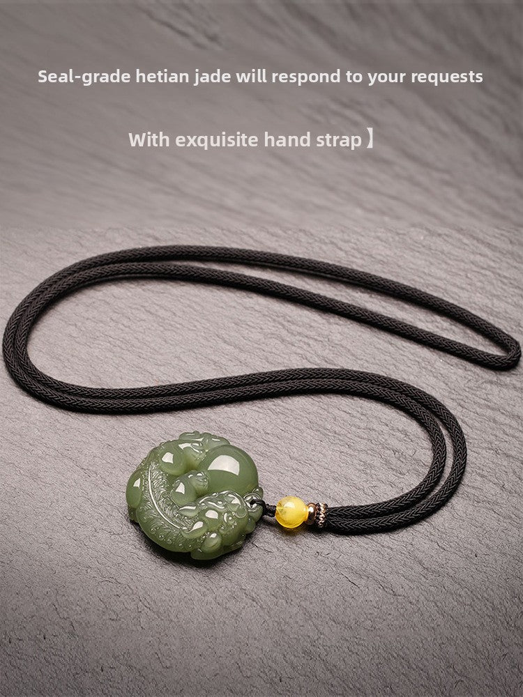 Hetian (nephrite) green jade medallion pendant close-up – Wishkeeper, 35×35×14 mm