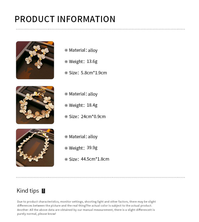 Golden Petal Elegance Set with necklace, bracelet, and earrings featuring golden floral petal details