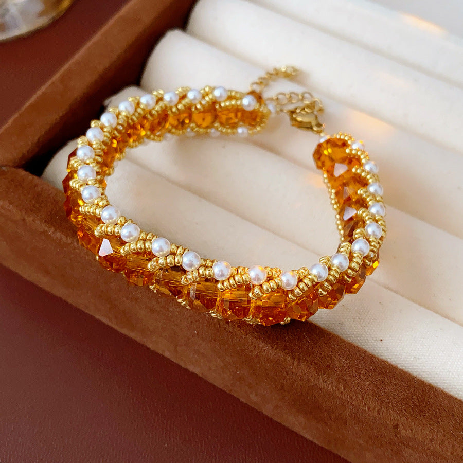 Braided glass-pearl and crystal bracelet with gold extender chain in Coffee Amber/Violet/Jade Green — Braided Pearl Crystal Bracelet.
