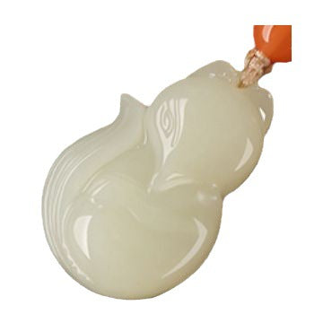 Hand-carved Hetian jade fox pendant on braided cord — Peach Blossom Hetian Jade Fox Pendant