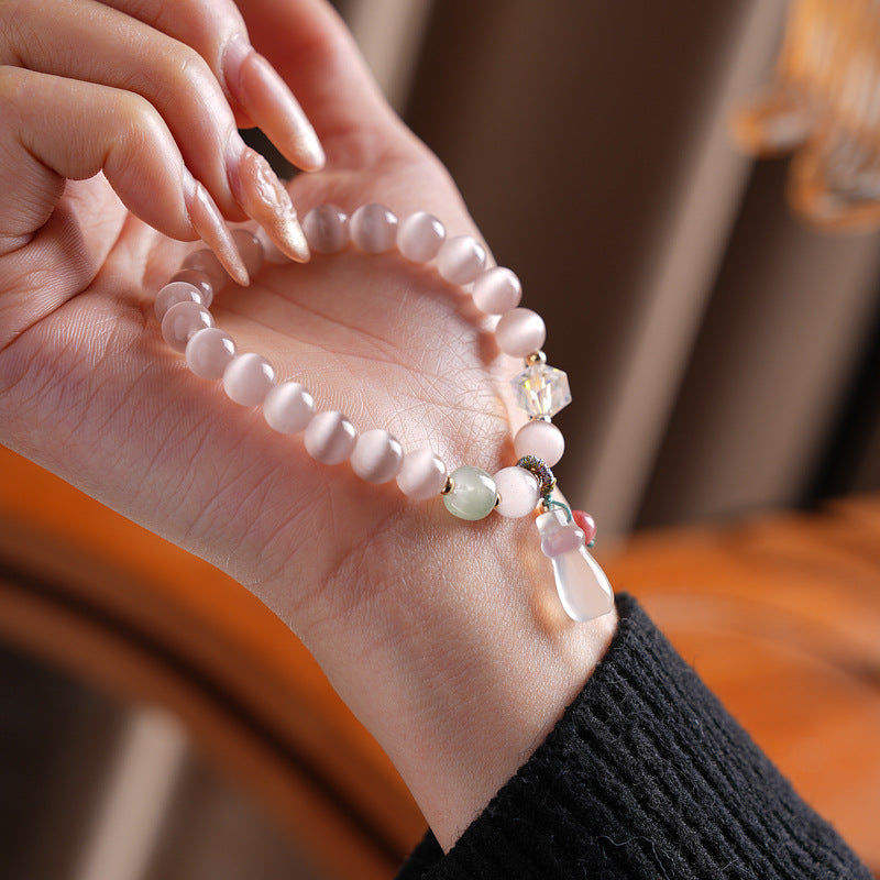 Pastel cat’s-eye and chalcedony beaded bracelet with frosted cat pendant — Moonlit Cat’s Eye Charm Bracelet by Glazenya.