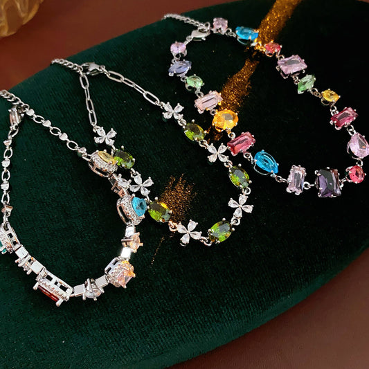Iridescent Charm Bracelet in vivid multicolor zircon stones on silver-tone copper chain, elegant and lightweight luxury jewelry.